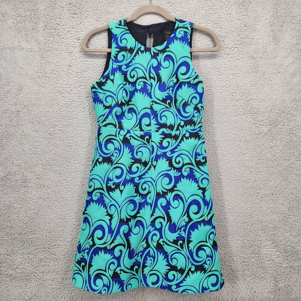 J Crew Jacquard Dress Blue‎ Green Black Swirl Print Sleeveless Keyhole Size 0